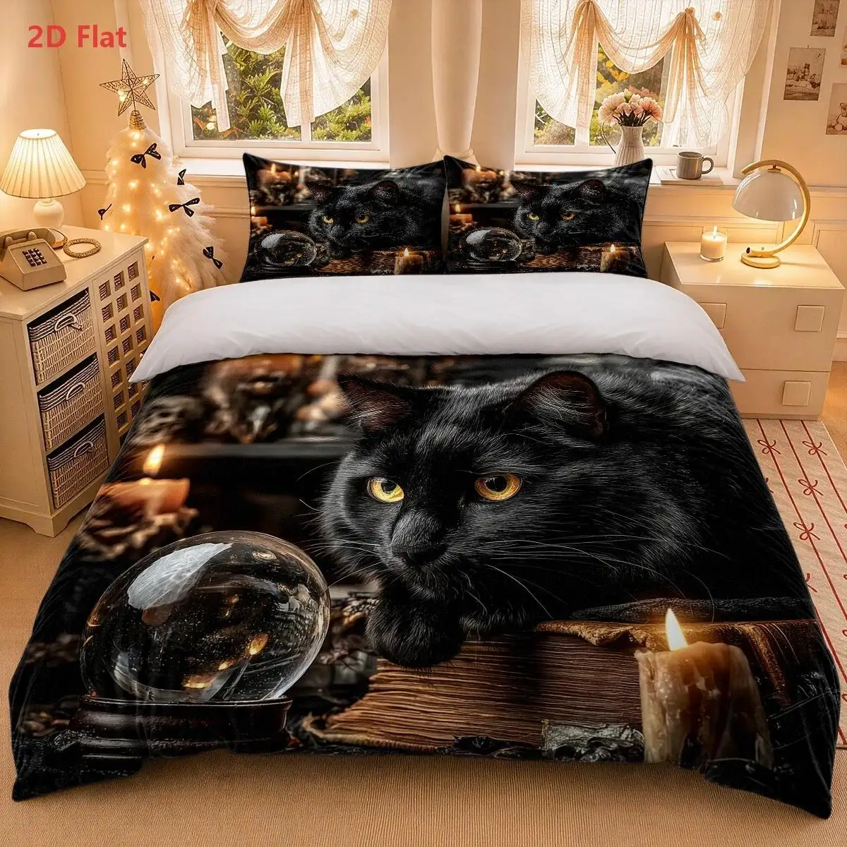 3-Piece Quilt Cover Set, 1 Quilt Cover + 2 Pillowcases (Without Filling), Black Cat Crystal Ball Theme, Romantic Retro Style, Halloween, Mysterious Theme, Three-Piece Bedding Set, Large Quilt Cover Set, Suitable for All Seasons, Machine Washable, Invisible Zipper, Suitable for Home, Dormitory, Master Bedroom, Guest Room