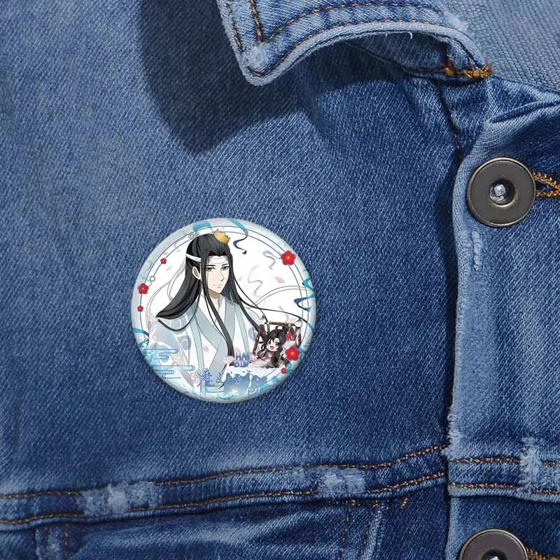 Cute Mo Dao Zu Shi Badge Round Lan Wangji Wei Wuxian Cosplay Rabbit Brooch Anime Lapel Pins Backpack Clothes Shirt Accessories