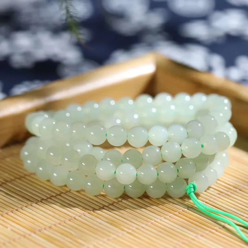 

Natural Hetian Jade Qie Mo Blue Old Material Plain 108 Bead Chain Multi-Circle Bracelet Women