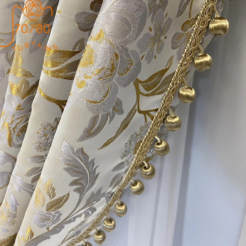 

New Chinese Style Gold Filigree Plant Jacquard Lace Thickened Blackout Curtains for Living Room Bedroom French Window Villa