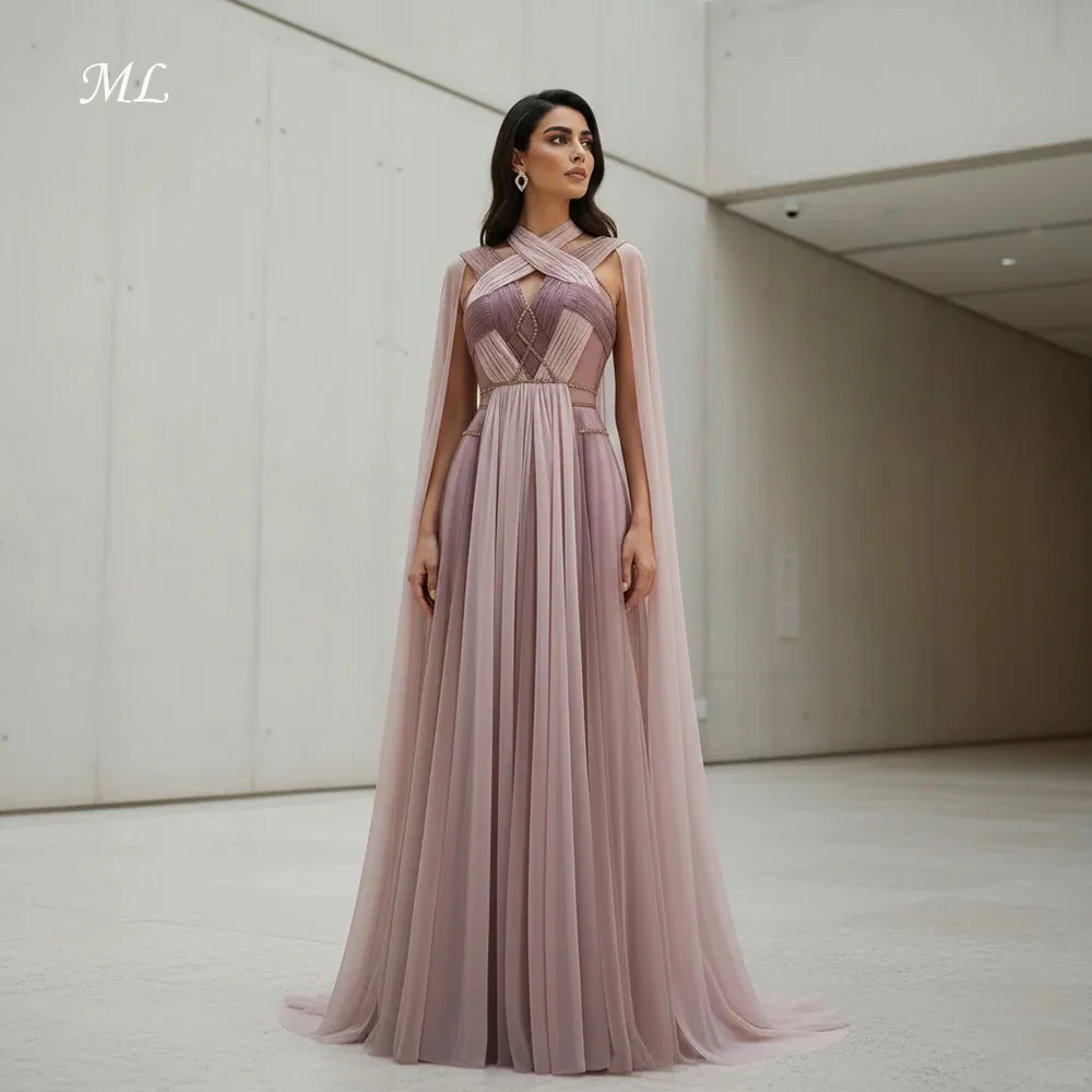 ML 2026 Ombre Pink Elegantes Abendkleid mit Cape-Ärmeln, überkreuztem Neckholder und rückenfreiem Design – Luxuriöse, maßgeschneiderte Damen-Partykleider