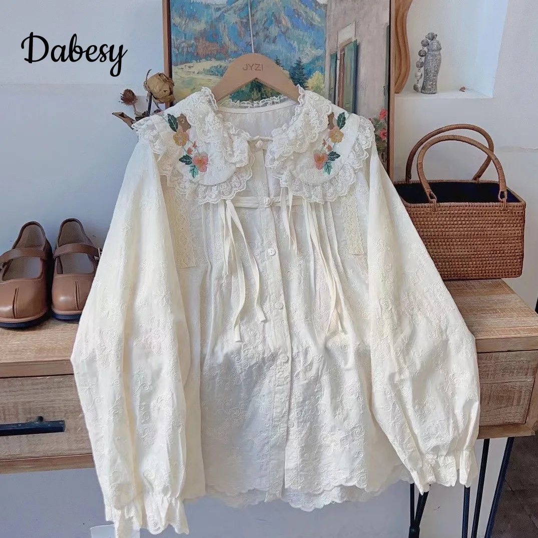 Vintage Embroidery Peter Pan Collar Cotton Long Sleeve Shirts Women Lace Ruffled Kawaii Lolita Blouses Autumn Mori kei clothing