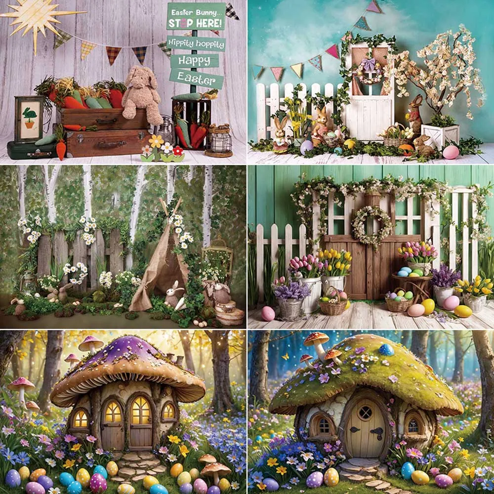 

MOON.QG Easter Decoration Backdrop Photography Colorful Eggs Mushroom Bunny Photozone Background Children Studio Photozone Props