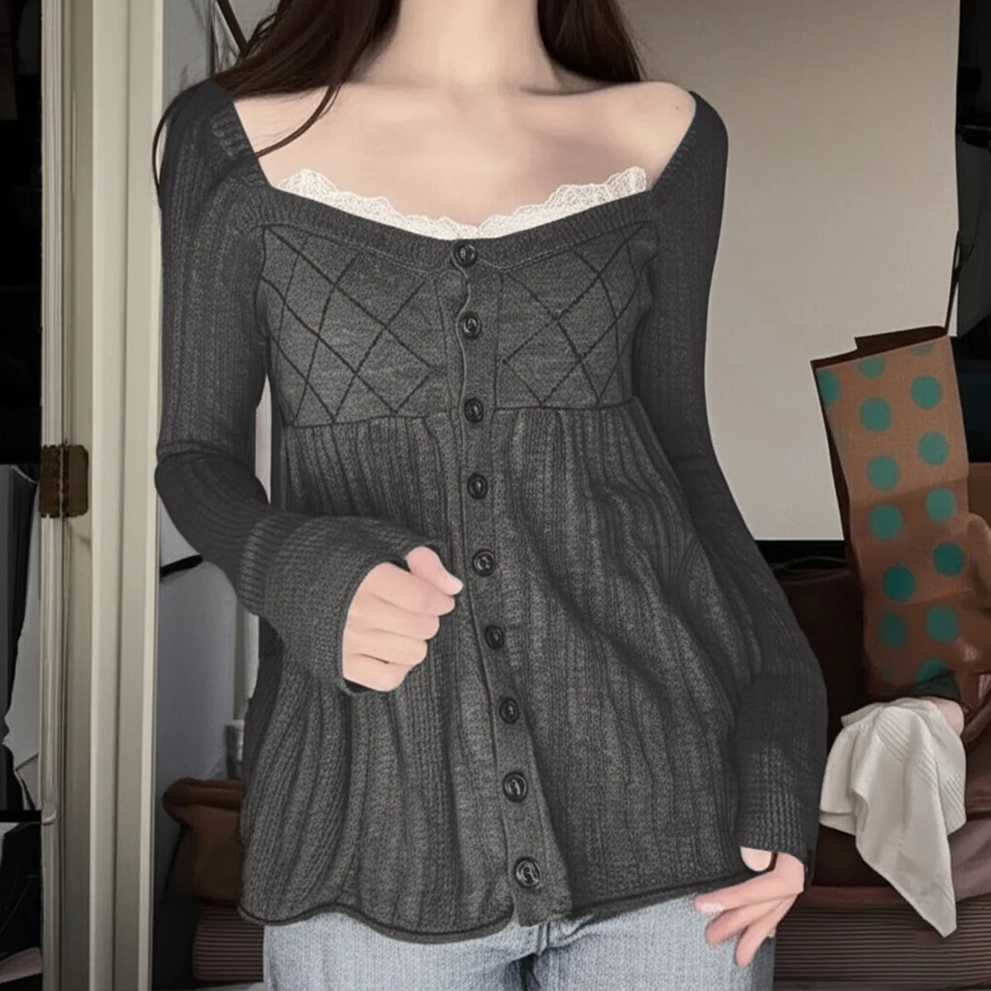 

Sweet Wind Girl Lace-patchwork Button-up Home Sweater for Women, Square Neck Loose Solid Color A-line Long Sleeve Top