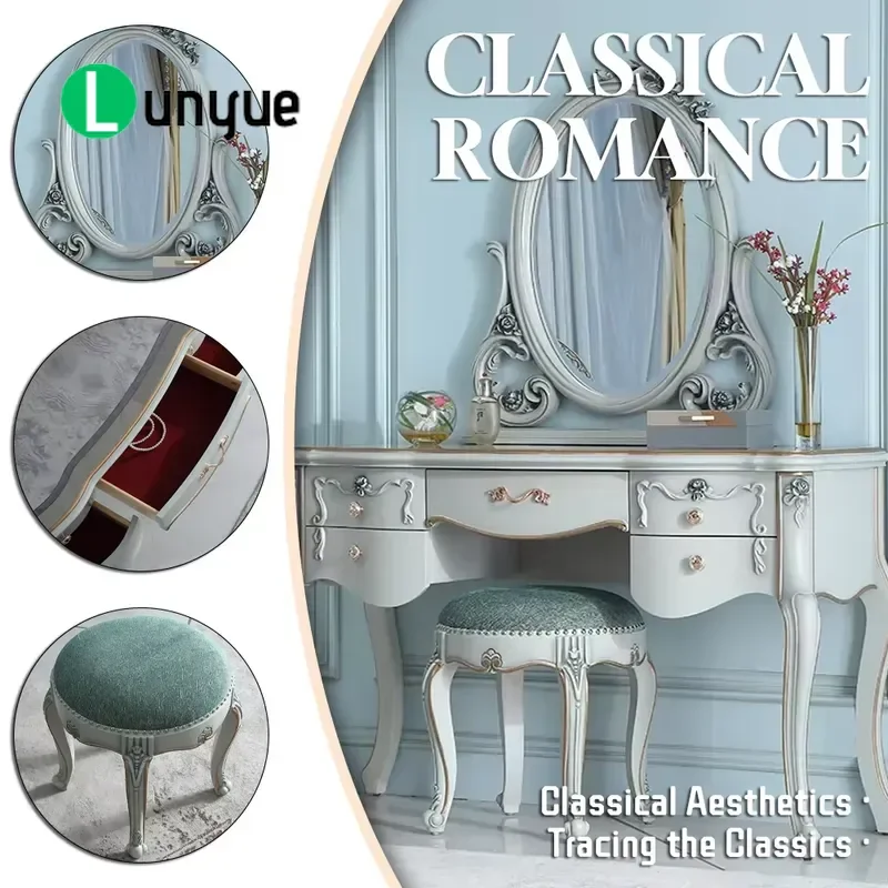 French Curved Wooden Bedroom Dresser Set with Mirror Classic Design Storage Furniture for Home Decor Elegant Vanity Table