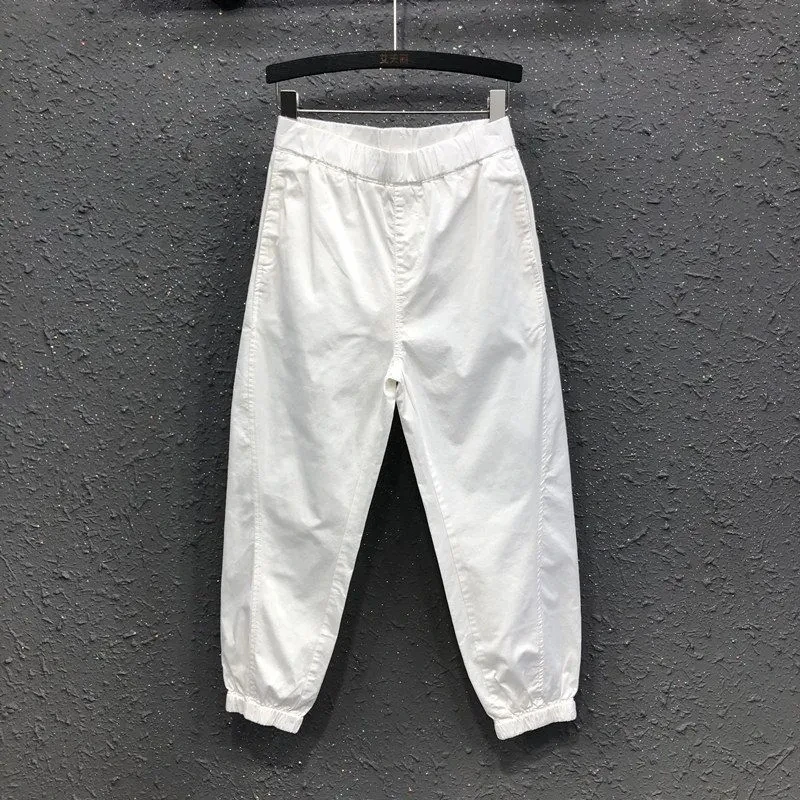 Korean Women High Waisted Carrot Pants Female Thin Summer New Solid Color Breathable Nine Points Pocket Harlan Casual Dad Pants