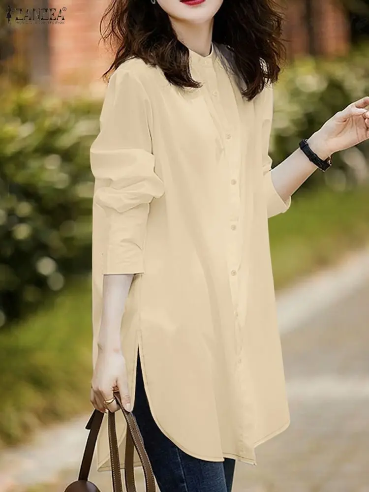 ZANZEA المرأة عادية الأبيض قمصان طويلة 2025 الخريف اليوسفي طوق زر حتى بلون مدورة هيم الجانب الشق قميص S-3XL