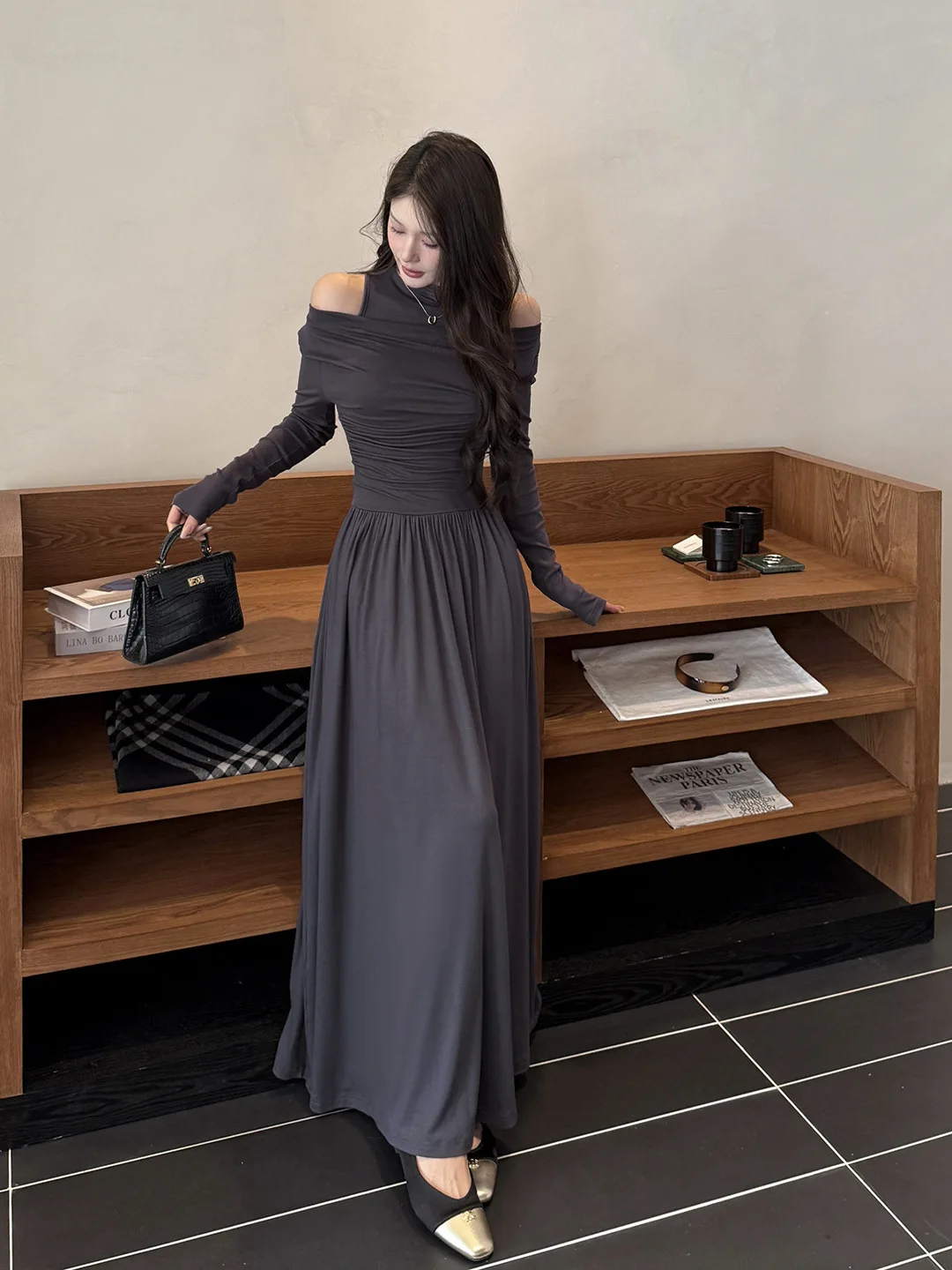 프렌치 스타일 투피스 그레이 오프숄더 드레스 여성 봄 가을 컷아웃 A라인 미디 드레스 우아한 솔리드 플레어 스커트 오피스룩