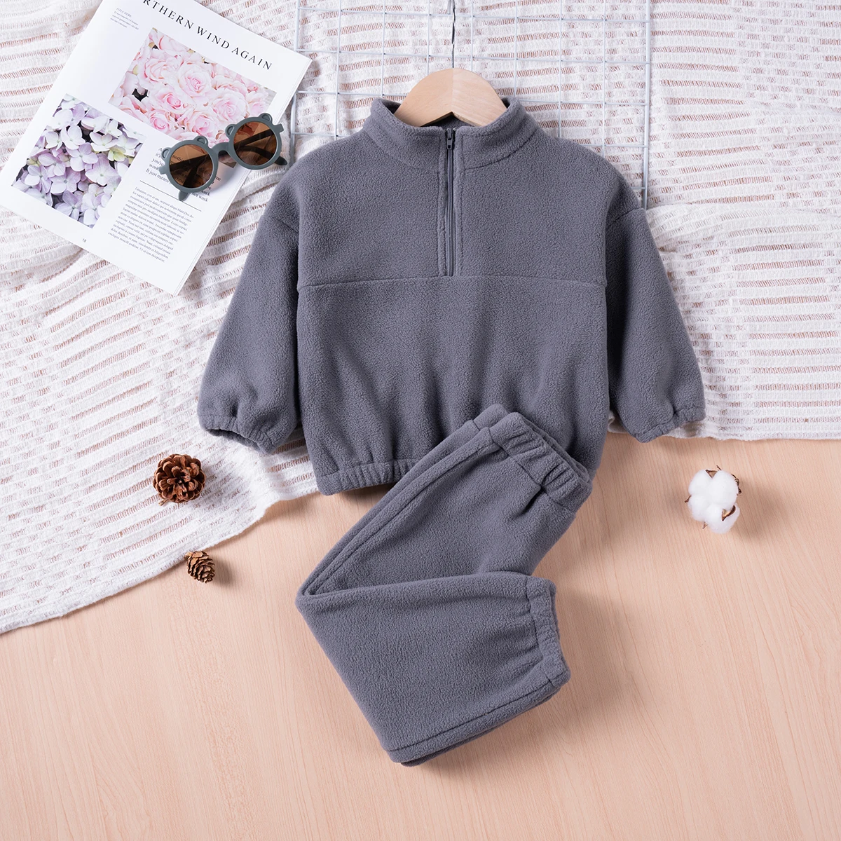 Winter Baby Clothes Solid Color 2 Piece Set Polar Fleece Kids Zipper Set Fur Sweasthirt And Pants Boys And Girls Sportswear