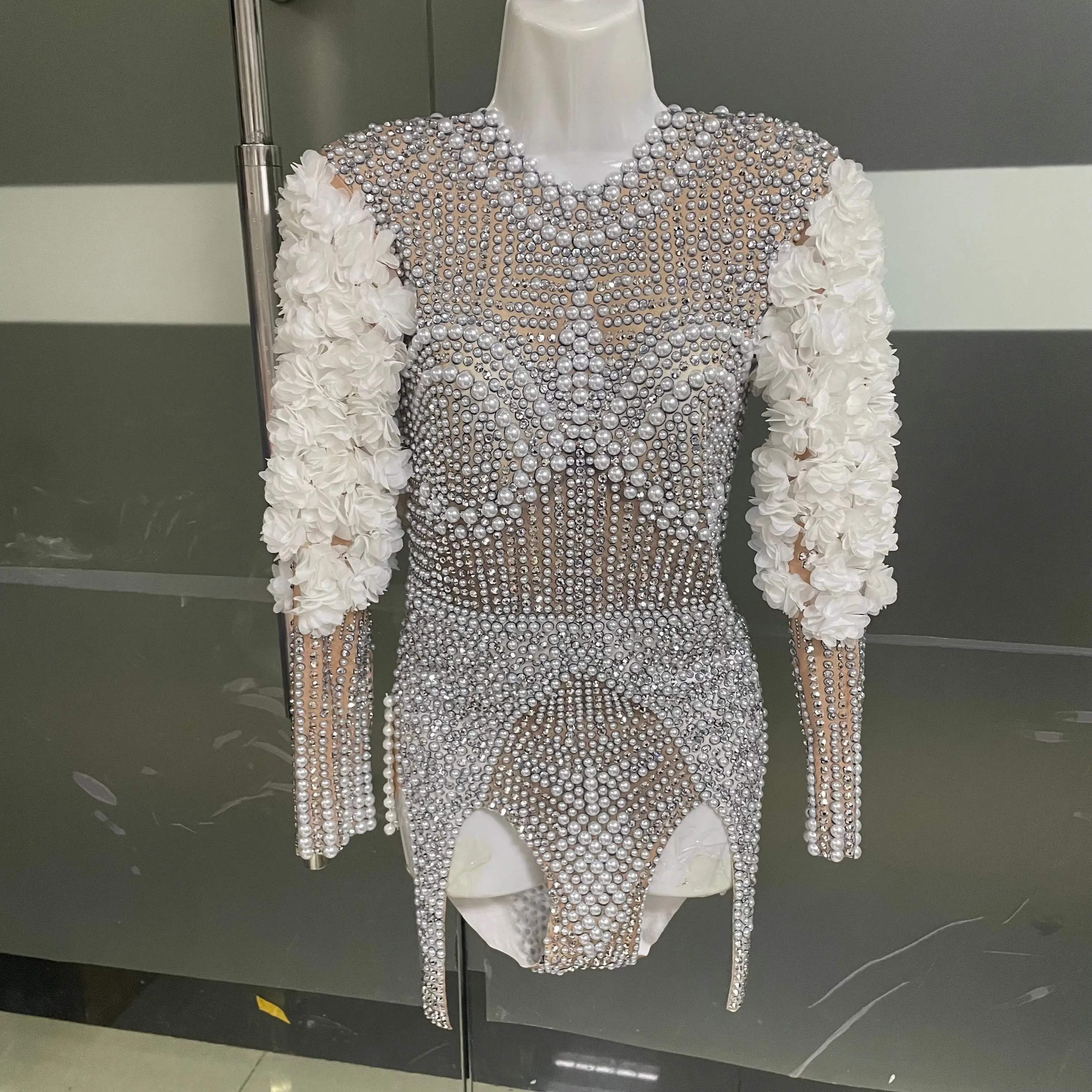 Rhinestone  Birthday Celebrate Prom Party Show Wear Women Dancer Luxury  White Flower Sleeve Bodysuit