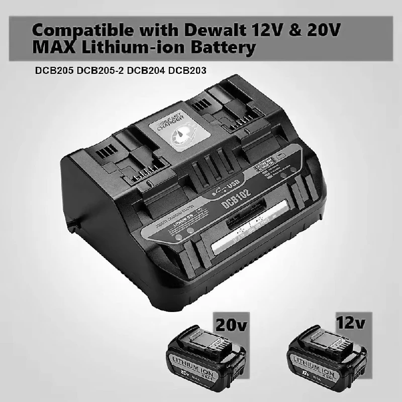 

DCB102 20V Battery Charger DCB102BP 2-Port Charger Compatible for Dewalt 12V - 20V MAX Charging Station DCB206 DCB205 DCB204