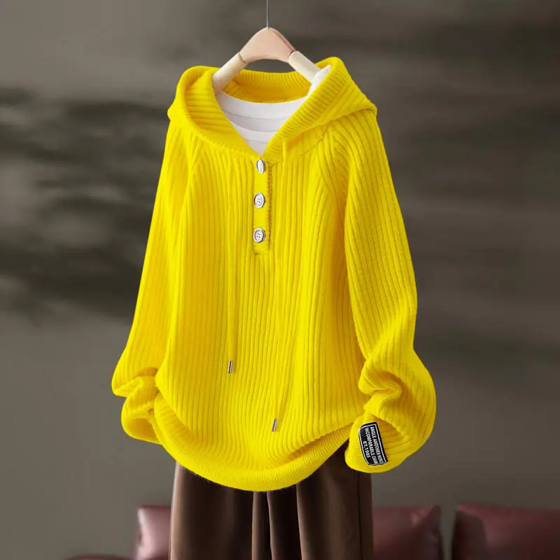 2023 Autumn and Winter Women\'s Hooded Patchwork Button Drawstring Solid Color Loose Fashion Casual Elegant Long Sleeve Sweater