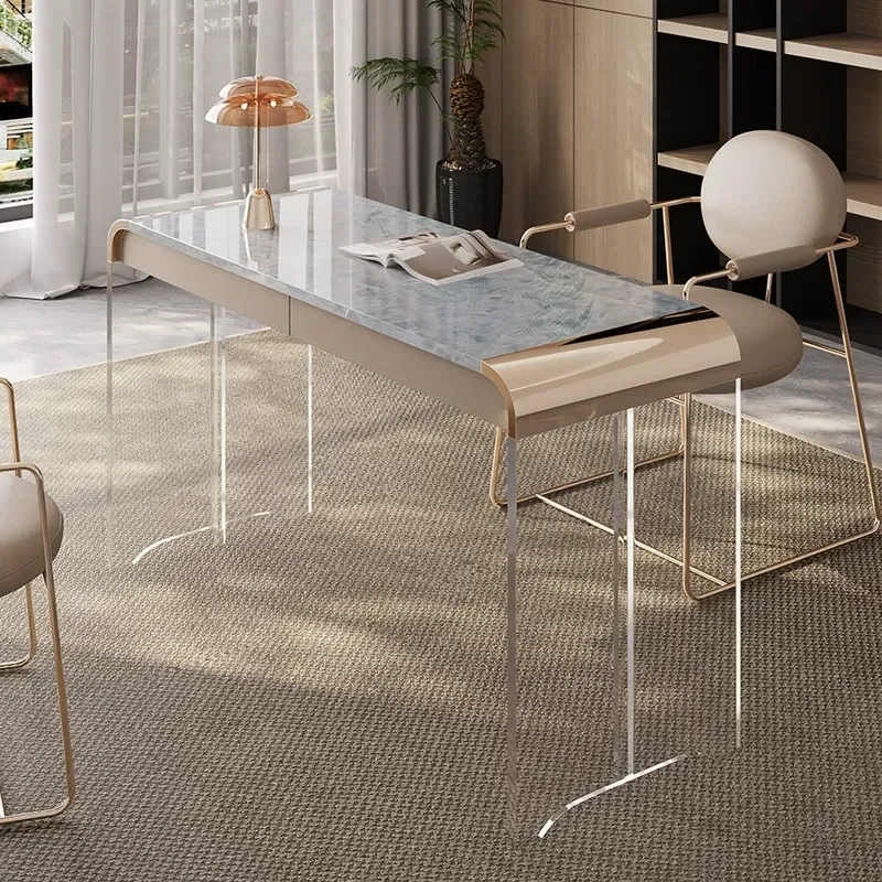 Acrylic Desk with Natural Marble Blue Ice Jade Countertop Floating Design Cream Style Luxury Stone Computer Table