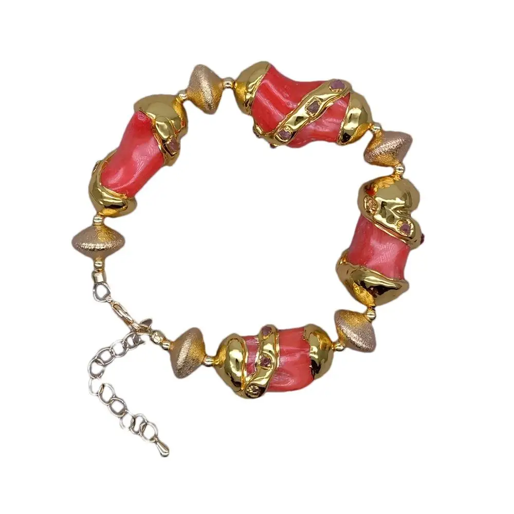 

Y·YING Orange Coral Gold Plated Red Tourmaline Rough Beaded Bracelet