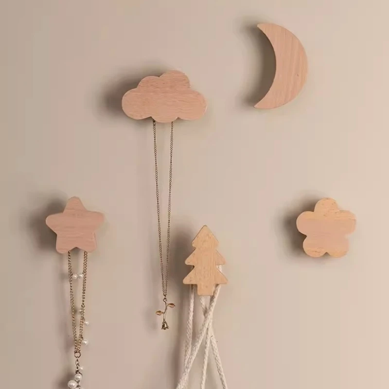 

Solid wood hooks cute modeling coat hooks puller hangers door entrance hole-free sticky hooks hanging hooks