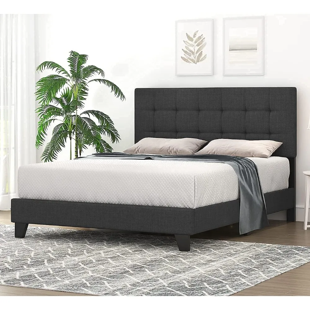 

Queen Size Panel Bed Frame with Adjustable High Headboard/Fabric Upholstered/Box Spring Needed/Easy Assembly, Grey