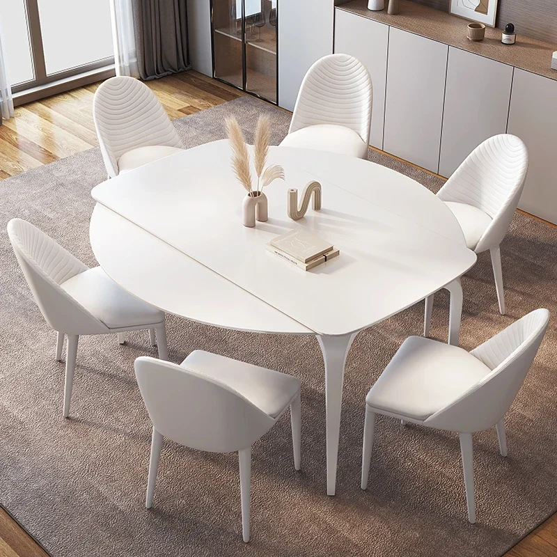 Pure white cream style household telescopic folding rock slab dining table and chairs square and round dual-purpose variable