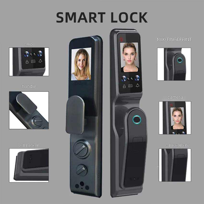 004 High Security 3D Face Double Screen Wireless Automatic Tuya Wifi Fingerprint Password Home Hotel Smart Door Lock With Camera