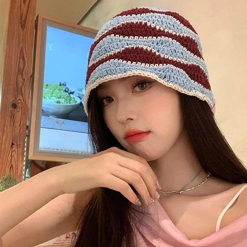 

Женская модная рыбацкая шапка ручной работы, шапочки для отдыха, полосатая вязаная шерстяная шапка, теплая японская милая холодная шапка с подкладкой