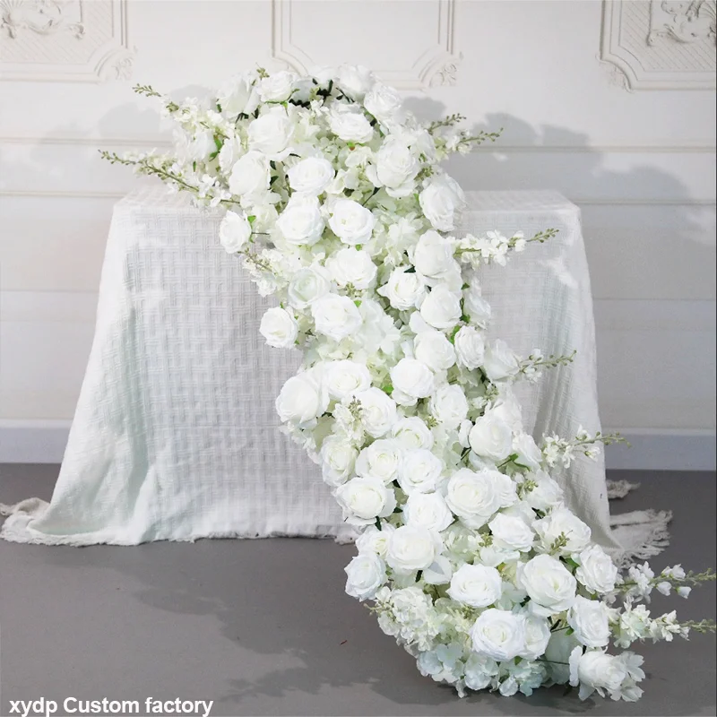 Luxuriöse weiße Rosen, Delphinien, künstliche Hortensien, Tischdekoration, Blumenläufer für Sofa, Hochzeits-Blumenarrangement, Blumenreihe, Deko – Detail 2