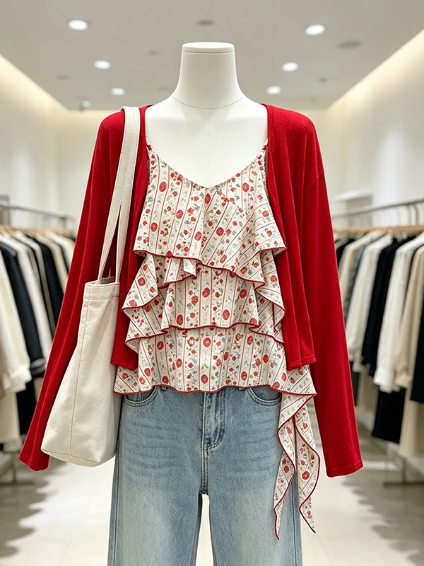 

Large Size Red Floral Print Chiffon Halter Top Women's Fashion Summer Outfit Korean Style Loose Fit V-Neck Long Sleeve Blouse