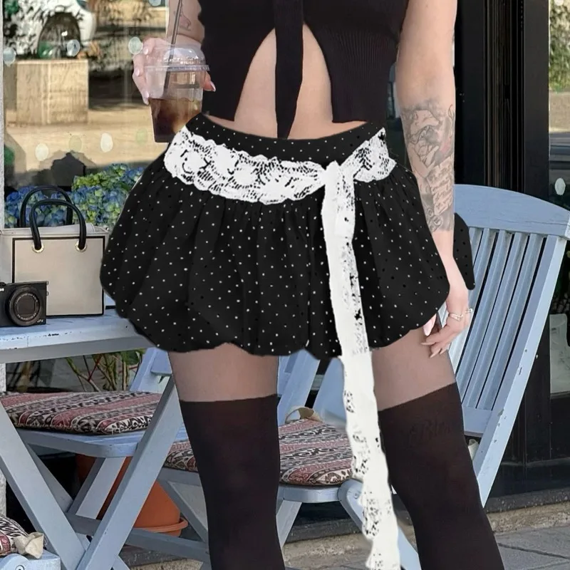 

Элегантные кружевные завязанные черные волнистые юбки с цветочным бутоном, сексуальная милая юбка трапециевидной формы с низкой талией для женщин, новинка лета 2025, Faldas Mujer