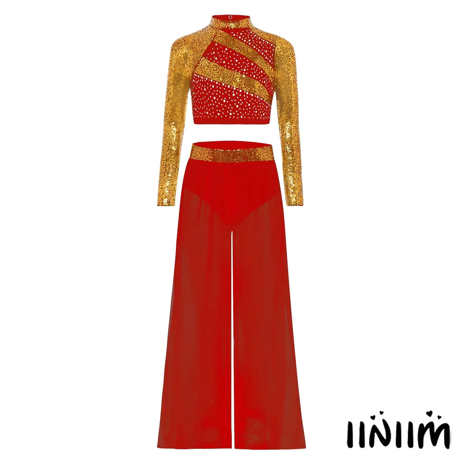 

Kids Girls Patchwork Dance Outfit Sparkling Rhinestones Cutout Back Top with Slit Wide-Leg Pants for Dance Competitions Recitals