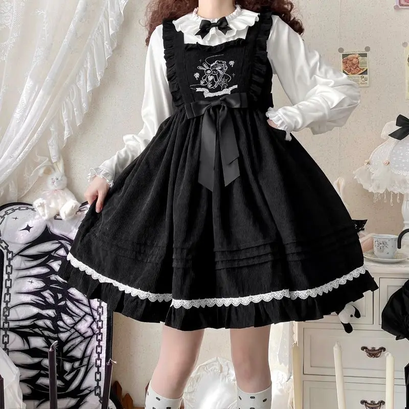 Coalfell {Stock}~ Origineel Ontwerp Schattige Winter Konijn Strik Lolita Vrouwen Jsk Band Zwarte Jurk Herfst/Winter Mini Jurk Vestido