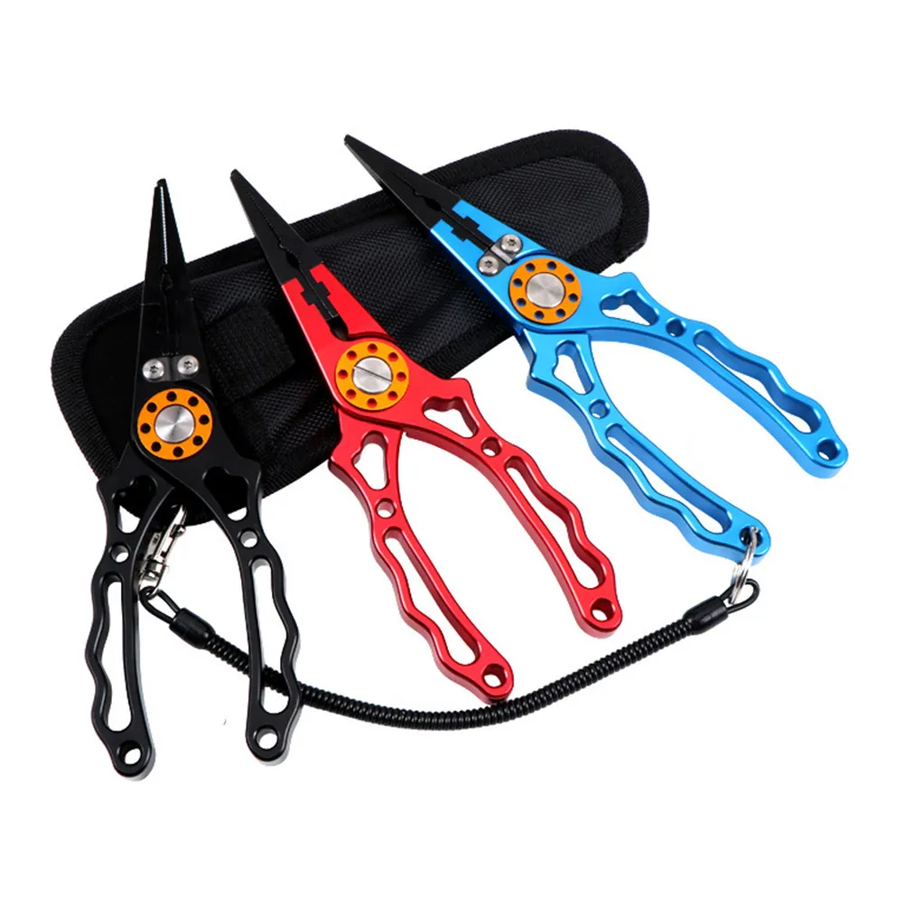 

Aluminum Alloy Multi-Function Fishing Plier Blue Nylon Storage Non-Slip Handle Curved Jaw Hook Remover Wire Cutter Line Cutter