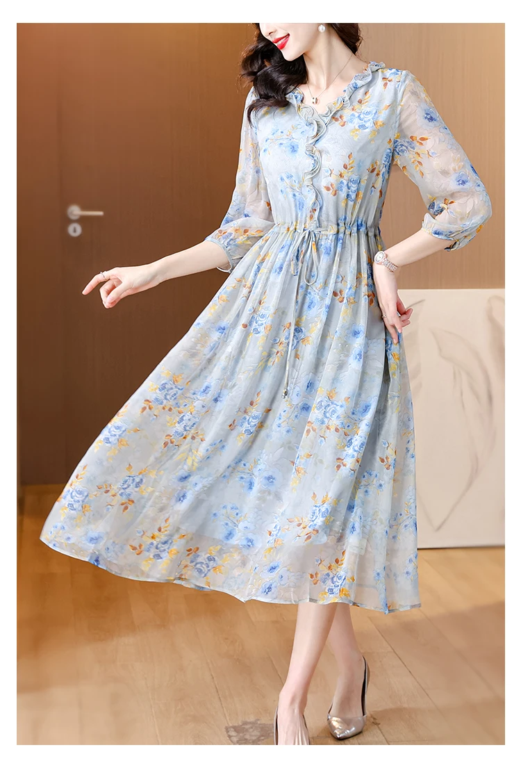 Spring/Summer Fashion Mulberry Silk Dress Women\'s French Loose Tight Fragmented Flower Skirt 2024 New Print Beach Style Vestidos