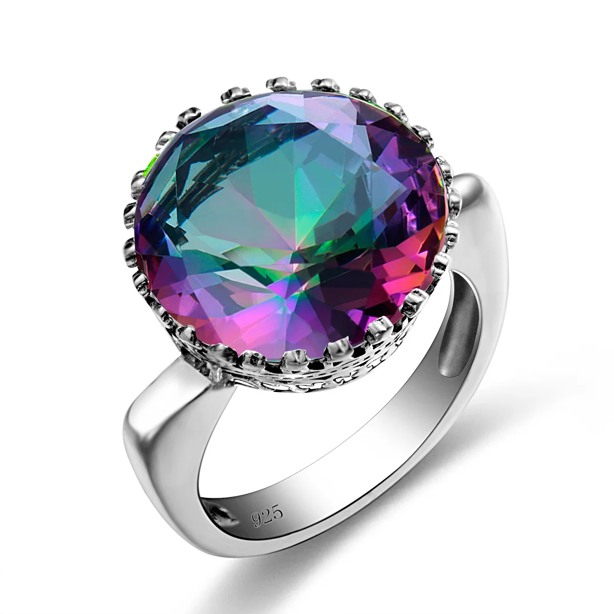 Sterling Silber 925 Mystischer Topas Ring für Damen mit 15*15mm Rundem Stein, Luxus-Schmuck, Geburtsstein, Edelstein, Geschenk für Frauen, im Trend – Detail 7