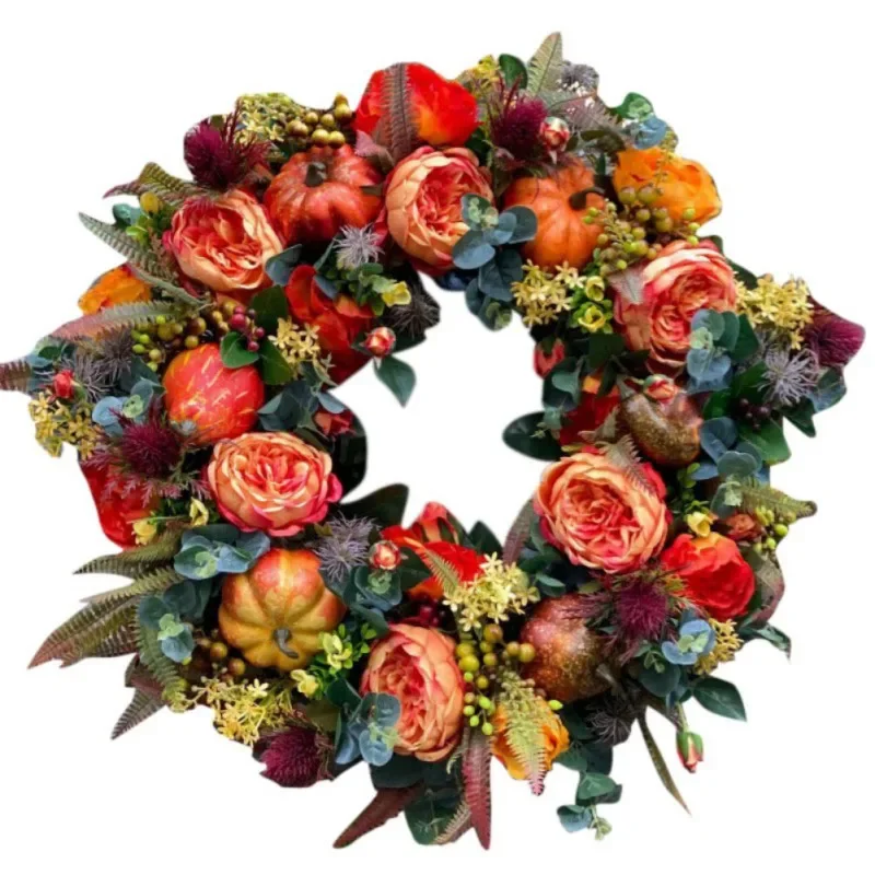 40cm Fall Peony Pumpkin Sunflower Wreath for Front Door Festival Celebration Home Farmhouse Decoration Thanksgiving Wreath