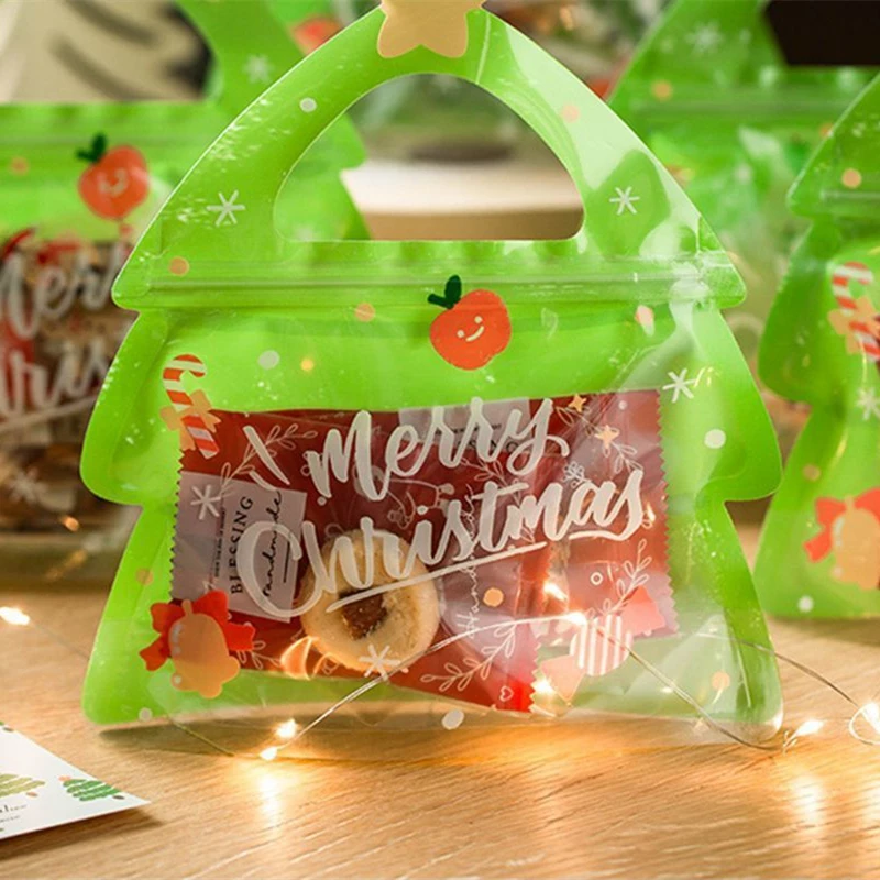 6/10/20/100Pcs Christmas Tree Handle Gift Bag For Candy Chocolate Cookie Nougat Biscuit Packing Gift Zipper Packaging Bags