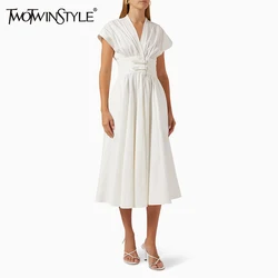 TWOTWINSTYLE Chic Spliced Folds Dresses For Women V Neck Half Sleeve High Waist Temperament Patchwork Button A Line Dress Female