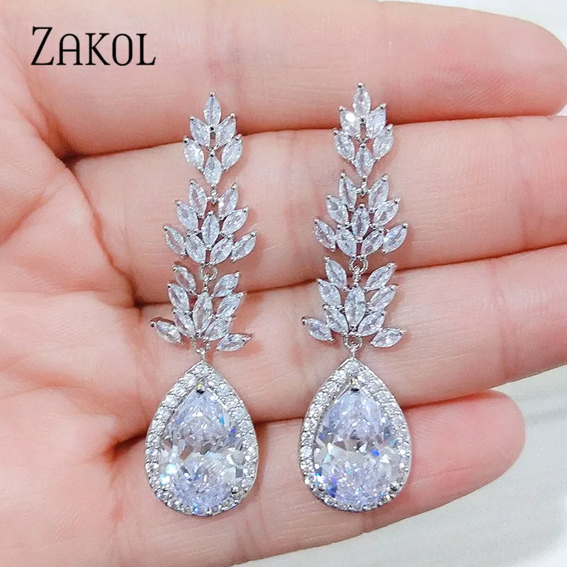 ZAKOL Classic Sliver Color Leaf Crystal Long Bridal Earrings for Women Fashion Water Drop Cubic Zirconia Bridal Wedding Jewelry