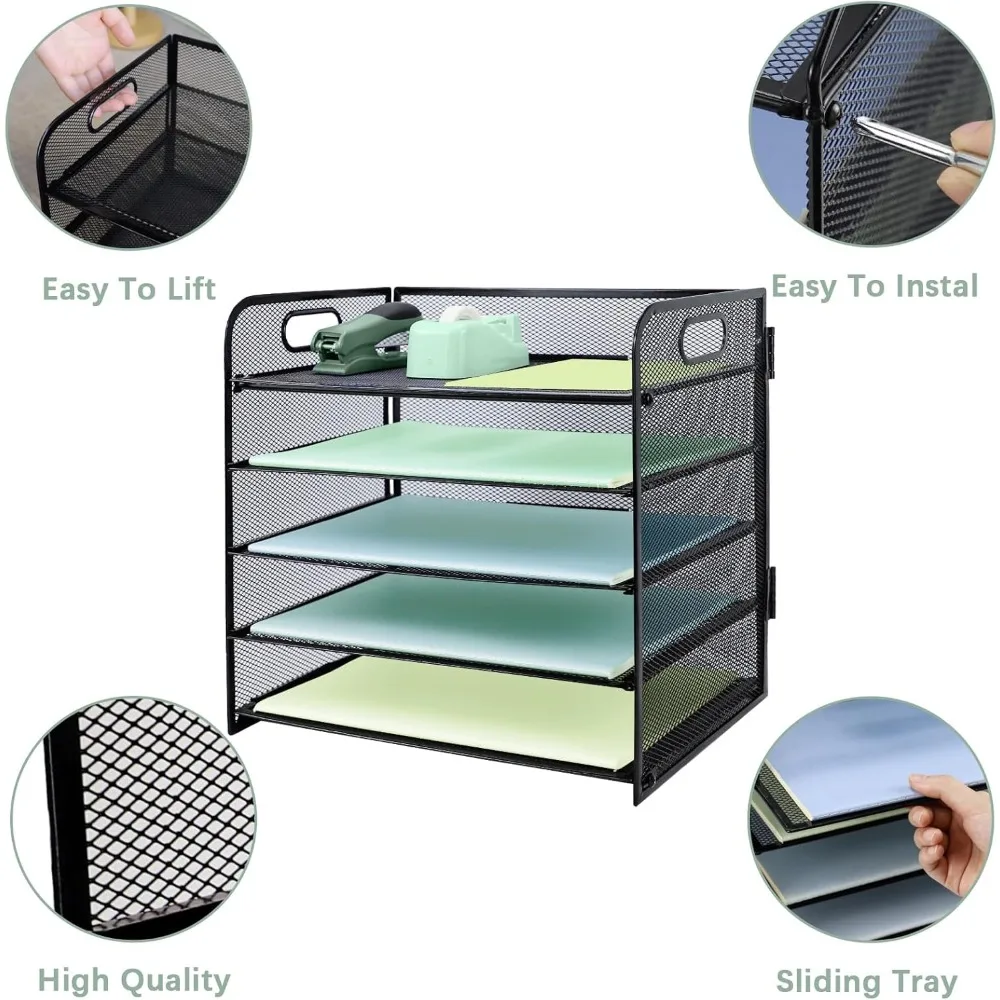 paper letter tray with handle, 5 tier metal mesh desk file organizer, a4 paper desktop filing trays, desk tidy magazine document