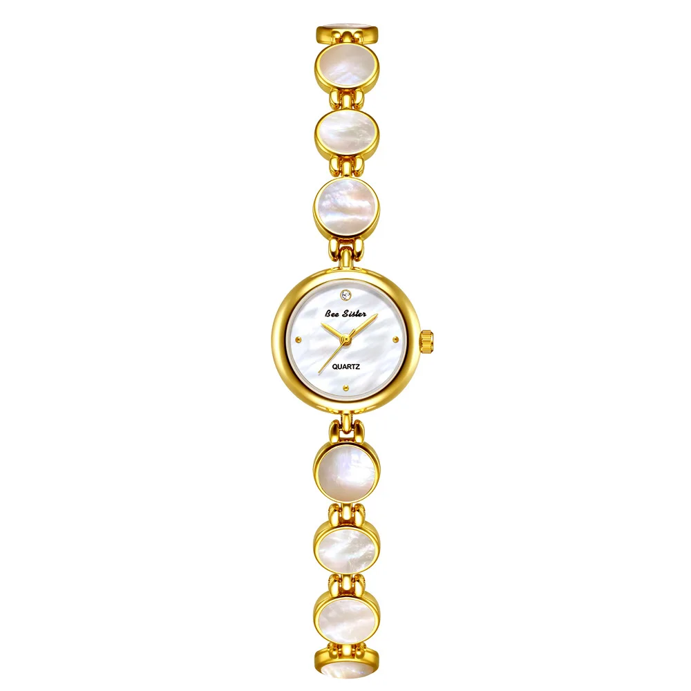 BS 브랜드의 새로운 2025 여성을위한 시계 자연 컬러 조개 팔찌 시계 여성을위한 골드 패션 석영 방수 시계 선물