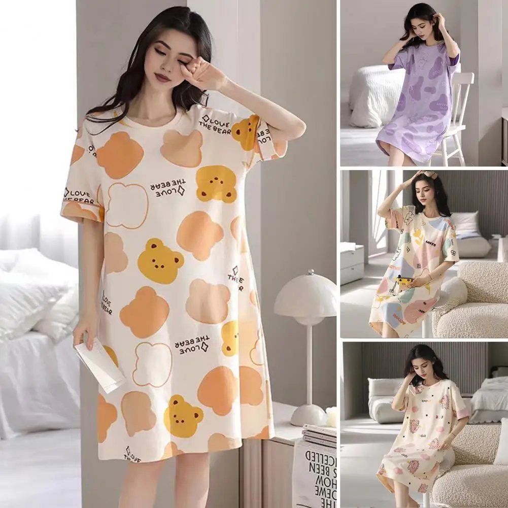 Homewear Dress Women Nightgown Cartoon Print Women\'s Summer Nightgown O Neck Loose Pullover Dress for Lady Sleepwear Knee Length