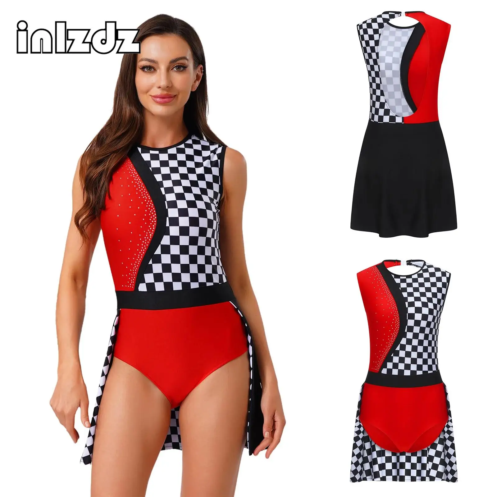 

Women Speed Racer Checked Bodysuit Halloween Driver Cosplay Costume Contrast Color Back Hollow Out Back Skirted Leotard Jumpsuit