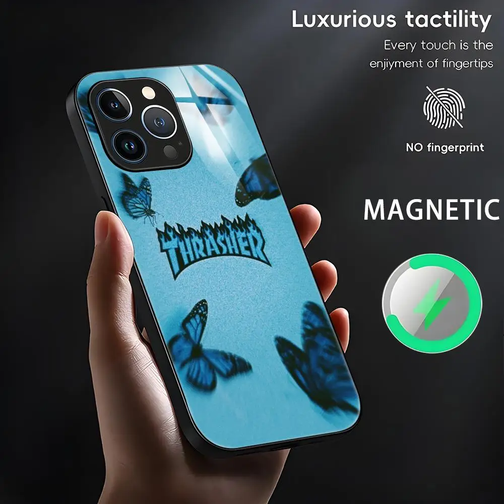 INS T-THRASHERS Phone Case For iPhone 16 15 14 13 12 11 X XR XS 8 Plus Mini Pro Max Glass Magnetic Phone Case