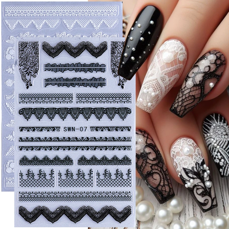 

2pcs Lace Nail Stickers Black White Charm Lace Florals Simple Line Design Nail Decals Elegant Wedding Slider Manicure Decoration