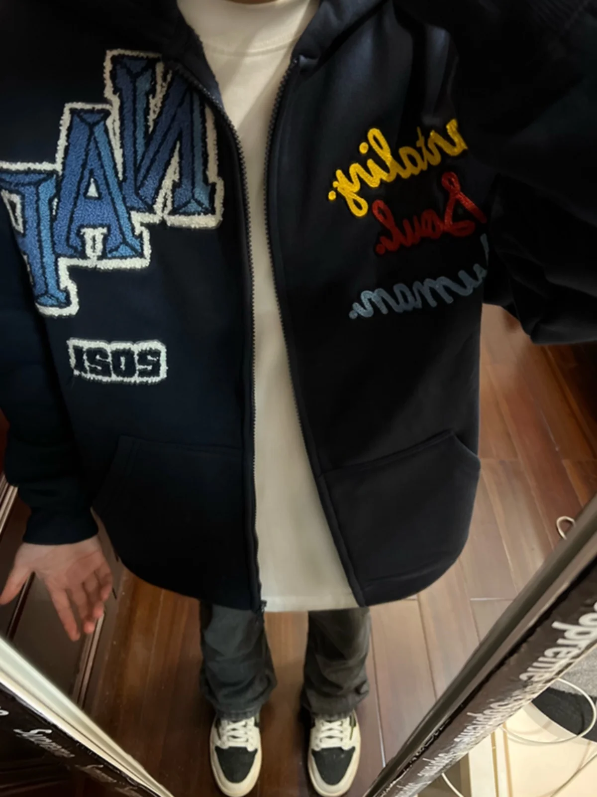 

Warmth Men's Fce Lined Embroidered Open Cardigan Hoodie Autumn Winter American Sle Cleanfit Outerwear Deep Blue Color