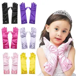 Children Long Gloves Princess Dance Performance Stage Gloves Satin Sequins Bow Glove Solid Full Finger Mittens Birthday Gifts