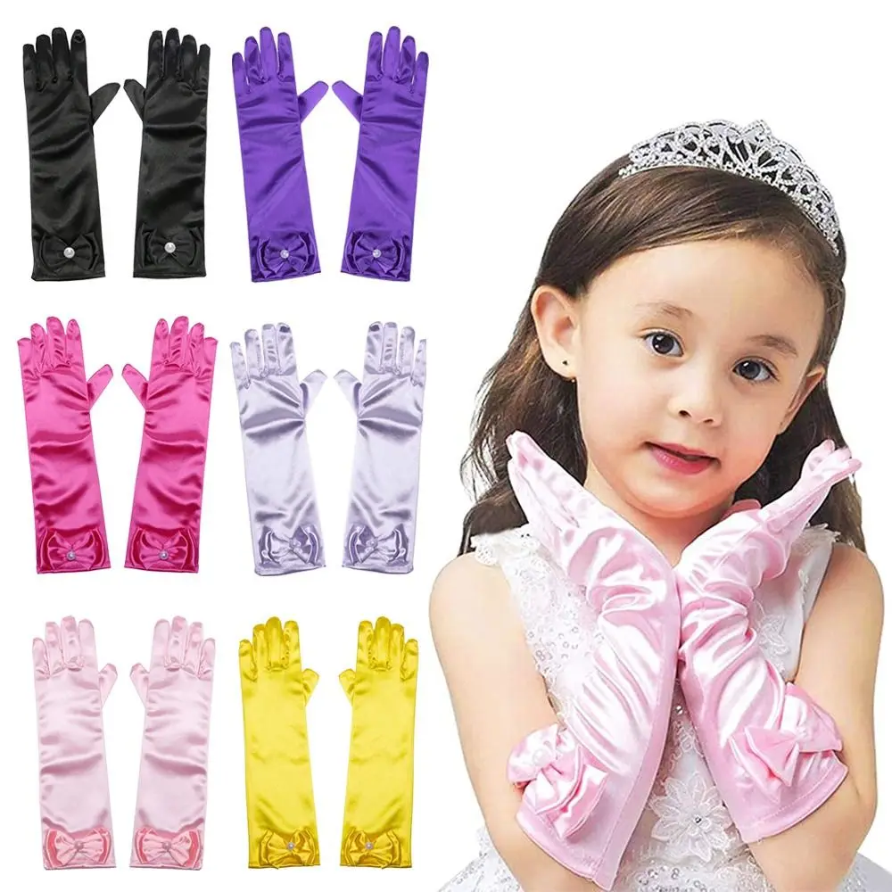 Children Long Gloves Princess Dance Performance Stage Gloves Satin Sequins Bow Glove Solid Full Finger Mittens Birthday Gifts