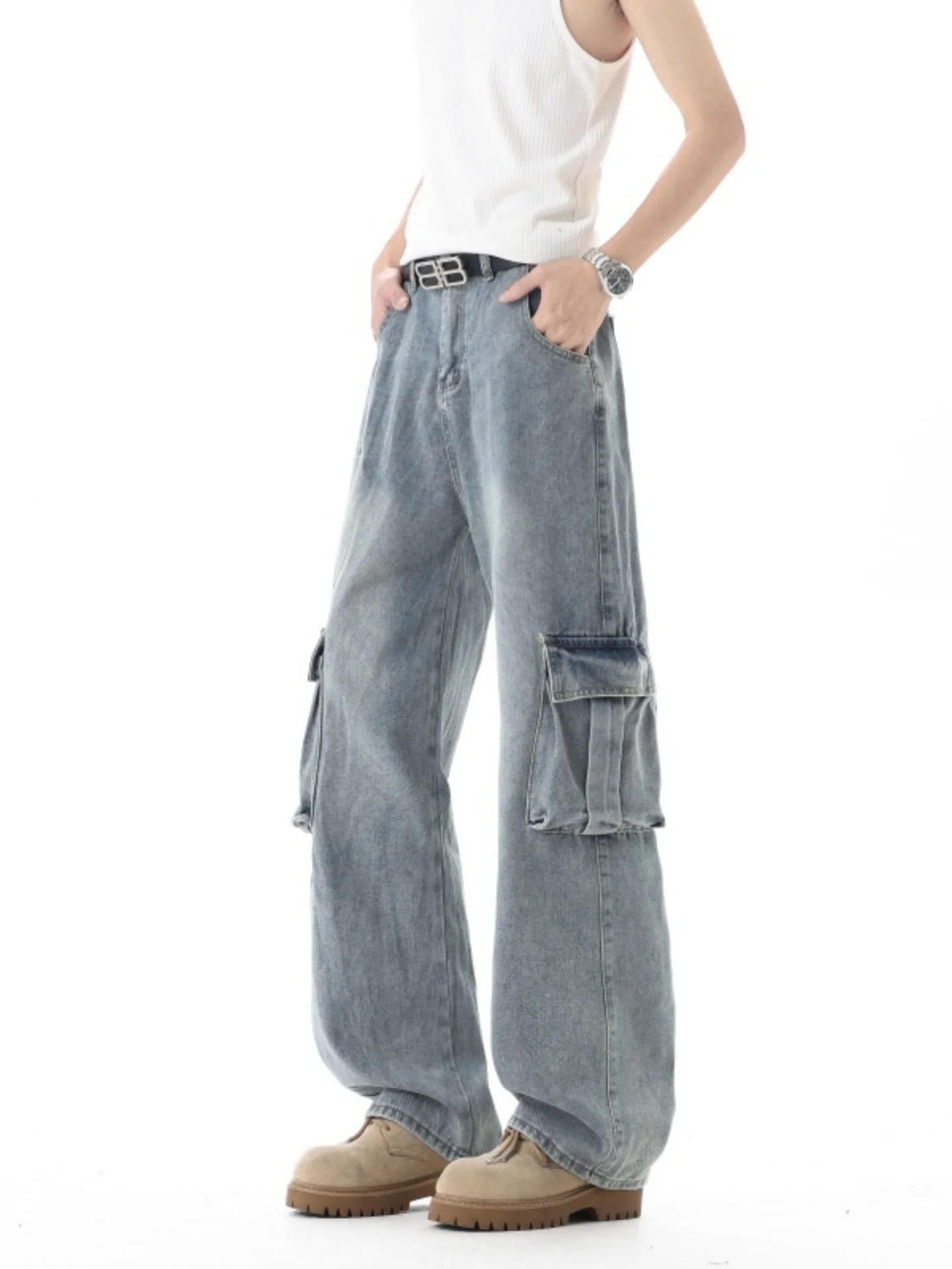 

Trendy American Style Workwear Jeans Men's Heavyweight Washed Loose Wide Leg High Street Floor-Length Pants with Big Pockets