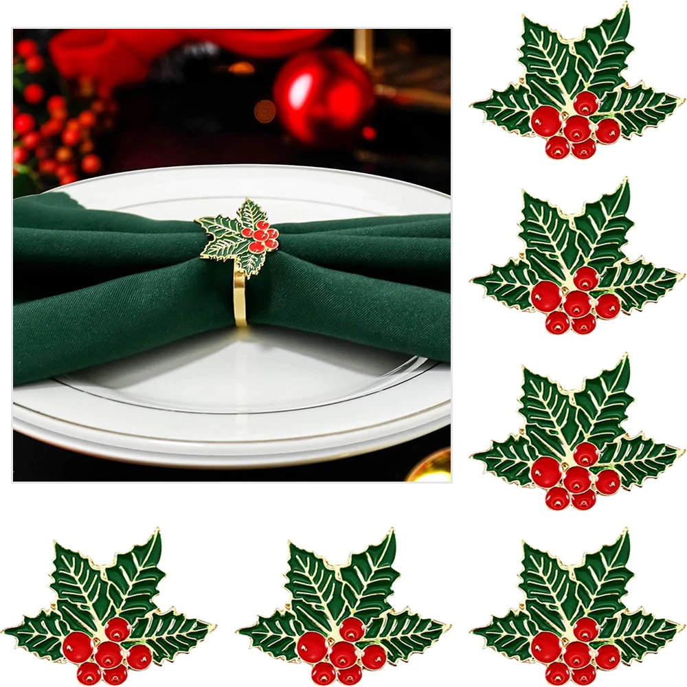 6Pcs Christmas Holly Leaf Napkin Ring Holly Berry Napkin Holder for Party Holiday Home Table Decoration Christmas DIY Decoration