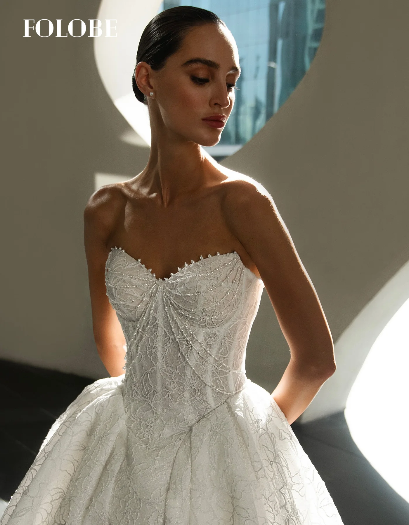 FOLOBE ลูกไม้สีขาว A-Line ชุดราตรีผู้หญิงที่ไม่มีสายหนังไข่มุกงานแต่งงานชุดราตรีชุดพิเศษโอกาสชุดที่กําหนดเอง