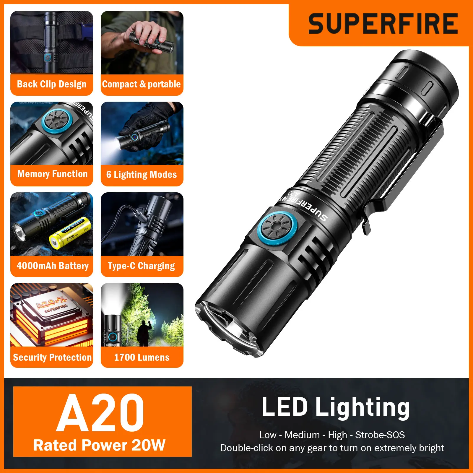 Latest SUPERFIRE A20 Powerful EDC Flashlight Waterproof  Torch 1700m Spotlight USB Rechargeable 5 Modes Outdoor Lantern