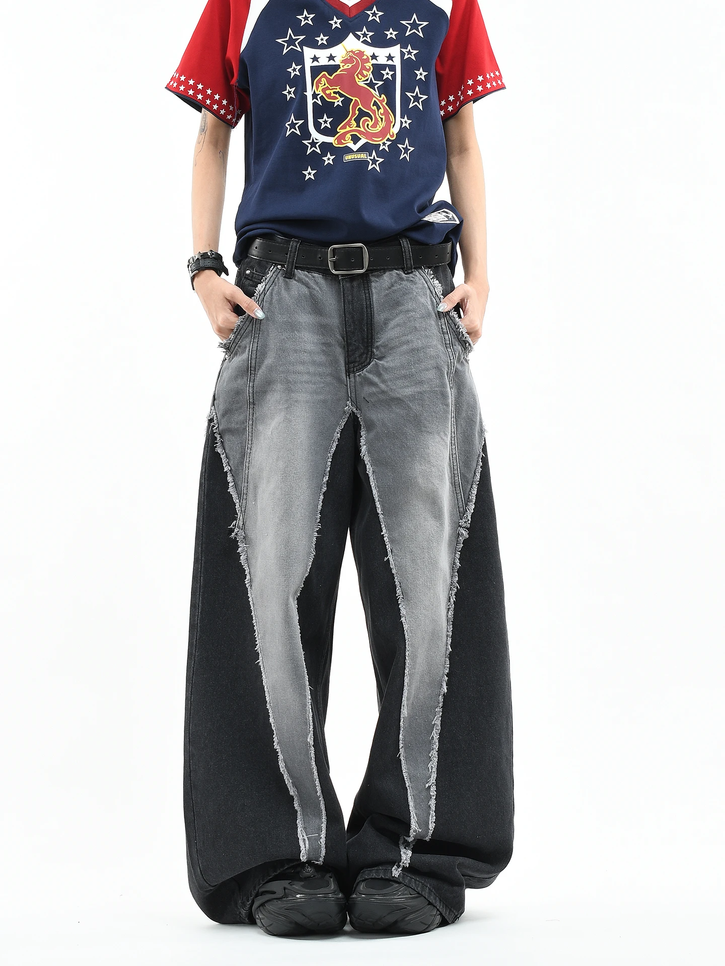 

OV Original Street Style Worn-In Denim Jeans High Waist Wide Leg Pants Unisex Loose Fit Trendy Brand Long Trousers