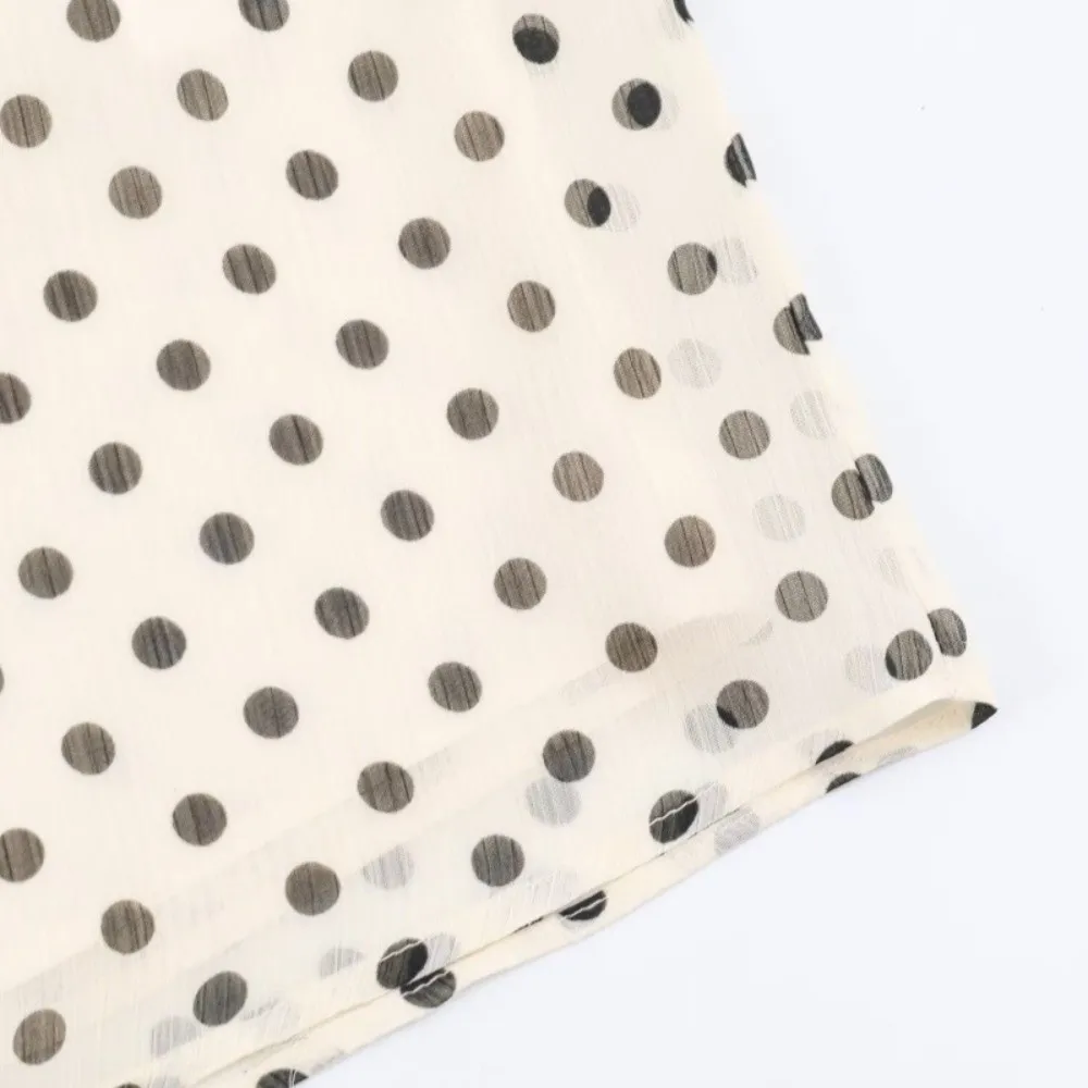 

Simple Lantern Sleeve Polka Dot Shirt Loose Fit Pleated Lace Up Blouse Comfortable Breathable Chiffon Blouses Commute Outing